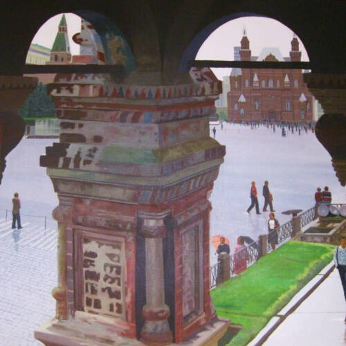 Painting of a courtyard scene in Russia with people walking around and buildings all around.